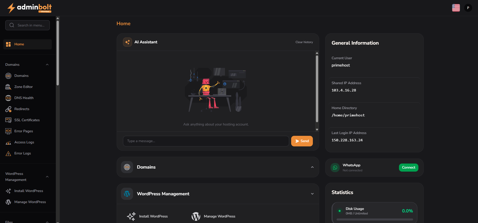 AdminBolt home page showing WordPress Management