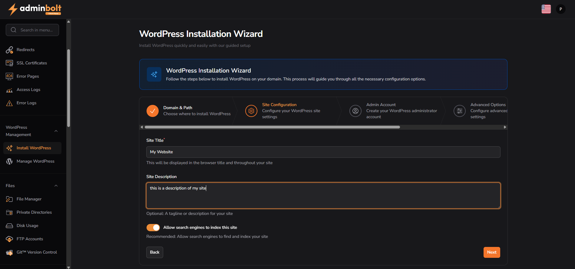 WordPress site configuration screen