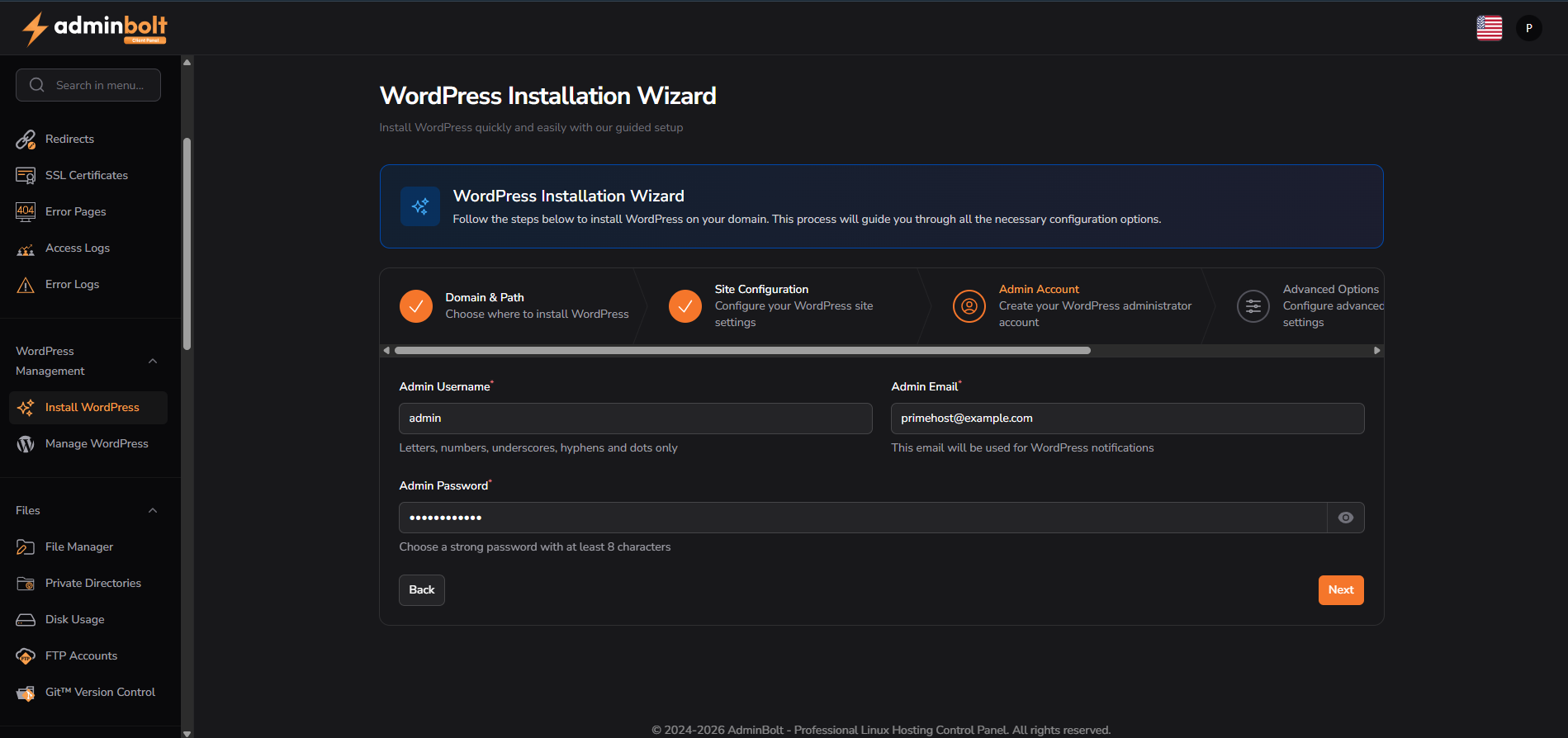 WordPress admin account setup screen