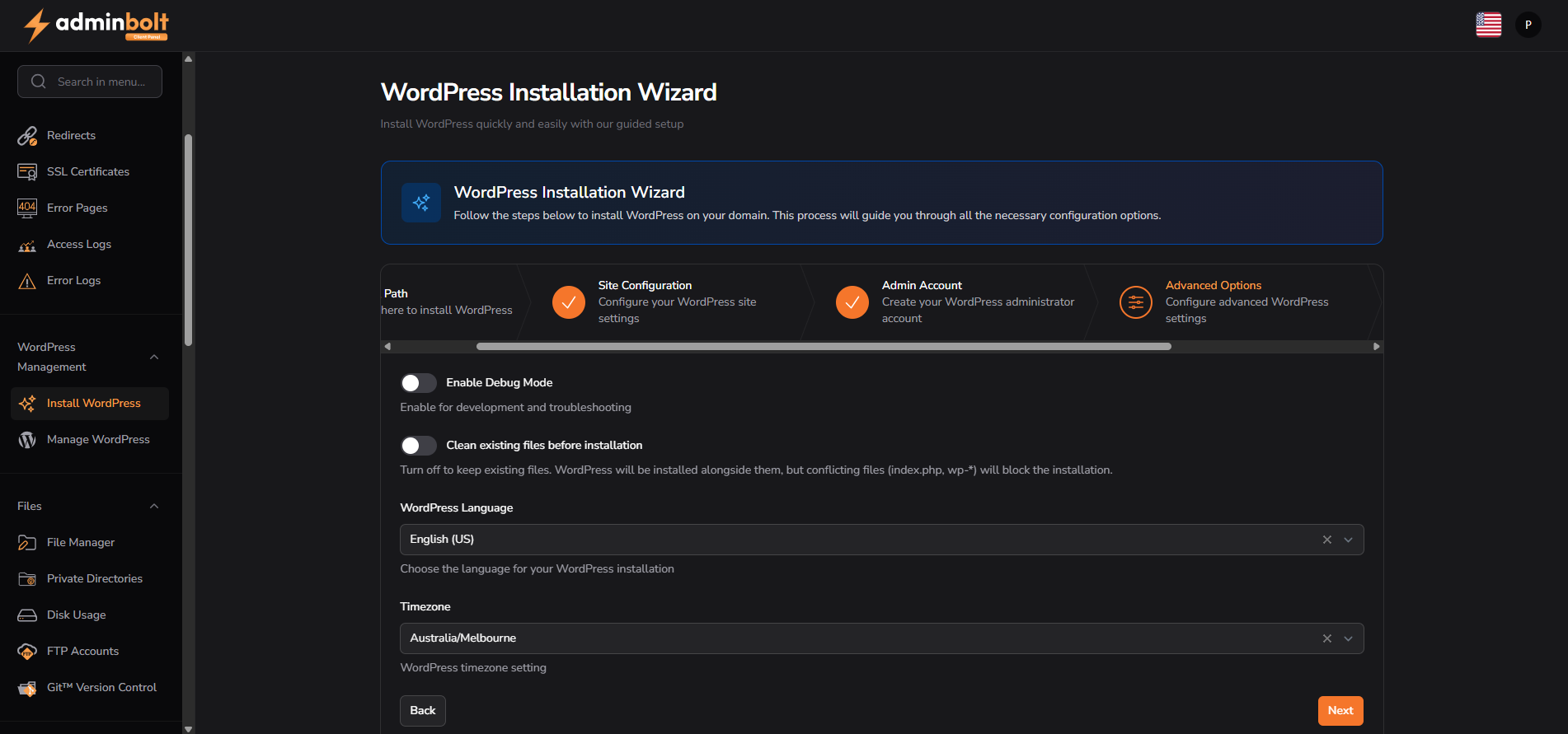 WordPress advanced options screen