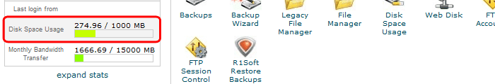 Disk Space Usage is shown on left side of cPanel